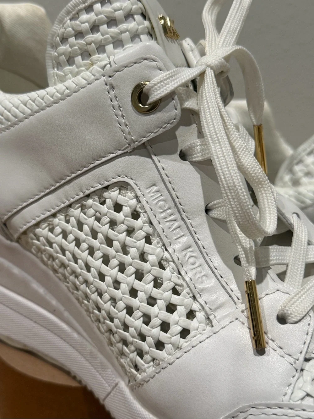 Michael Kors White Woven Leather Wedge Sneakers Gold Hardware Women’s Size- 8